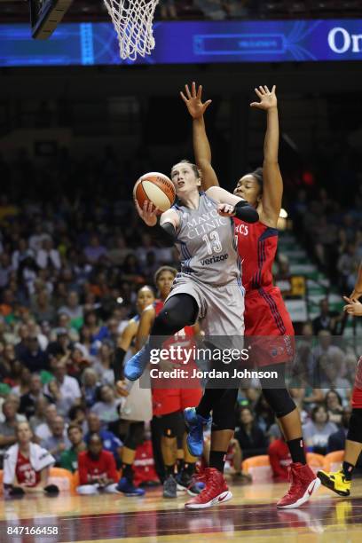 Lindsay Whalen of the Minnesota Lynx shoots a lay up against the Washington Mystics in Game Two of the Semifinals during the 2017 WNBA Playoffs on...