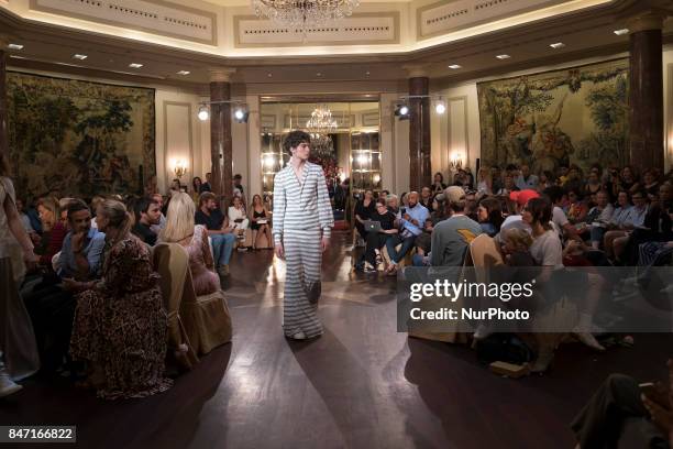 Model takes to the catwalk with a creation for Spring-Autunm 2018 Collection of Palomo Spain label during the first day of the Madrid Fashion Week,...