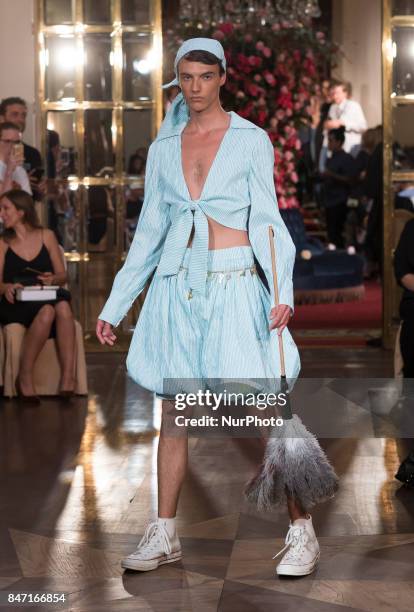 Model takes to the catwalk with a creation for Spring-Autunm 2018 Collection of Palomo Spain label during the first day of the Madrid Fashion Week,...