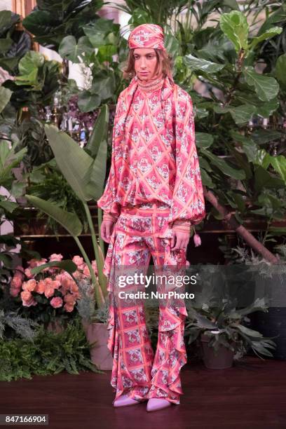 Model takes to the catwalk with a creation for Spring-Autunm 2018 Collection of Palomo Spain label during the first day of the Madrid Fashion Week,...