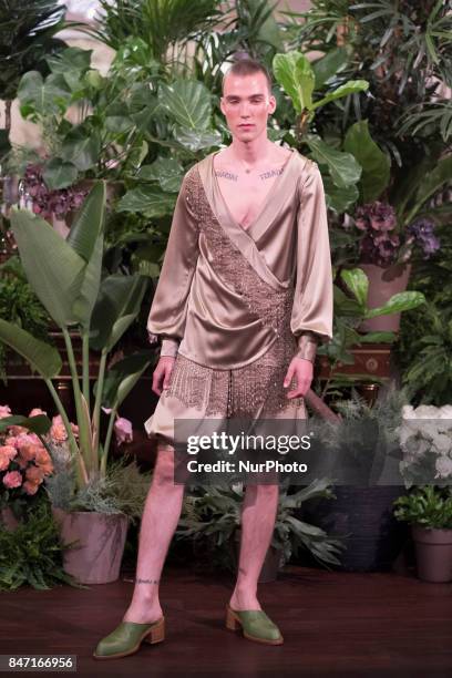 Model takes to the catwalk with a creation for Spring-Autunm 2018 Collection of Palomo Spain label during the first day of the Madrid Fashion Week,...