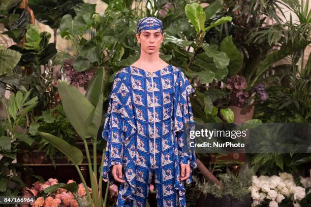 Model takes to the catwalk with a creation for Spring-Autunm 2018 Collection of Palomo Spain label during the first day of the Madrid Fashion Week,...