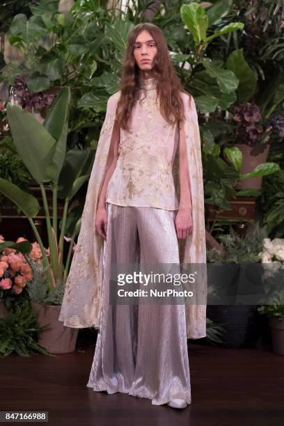 Model takes to the catwalk with a creation for Spring-Autunm 2018 Collection of Palomo Spain label during the first day of the Madrid Fashion Week,...
