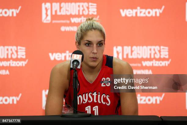 Elena Delle Donne of the Washington Mystics talks with the media after the game against the Minnesota Lynx in Game Two of the Semifinals during the...