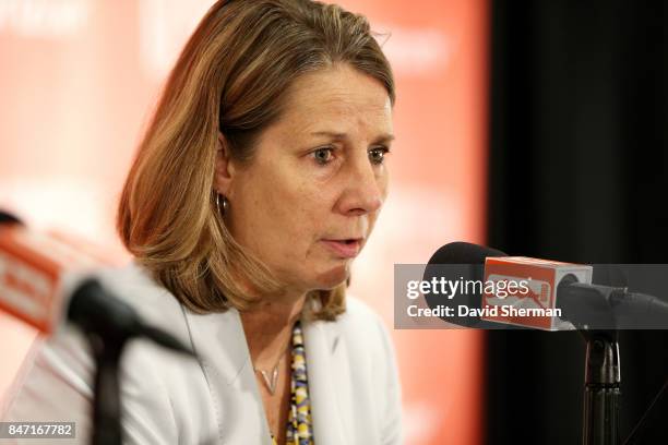 Cheryl Reeve of the Minnesota Lynx talks with the media after the game against the Washington Mystics in Game Two of the Semifinals during the 2017...