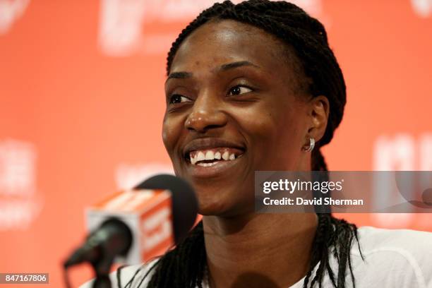 Sylvia Fowles of the Minnesota Lynx talks with the media after the game against the Washington Mystics in Game Two of the Semifinals during the 2017...