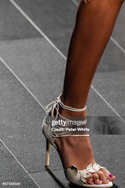 Model, shoe detail, walks the runway at Marchesa Spring 2018 during New York Fashion Week at Gallery 1, Skylight Clarkson Sq on September 13, 2017 in...