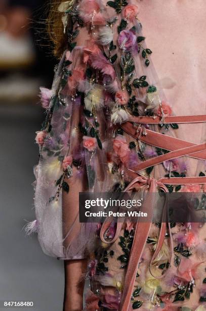 Model, fashion detail, walks the runway at Marchesa Spring 2018 during New York Fashion Week at Gallery 1, Skylight Clarkson Sq on September 13, 2017...