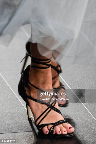 Model, shoe detail, walks the runway at Marchesa Spring 2018 during New York Fashion Week at Gallery 1, Skylight Clarkson Sq on September 13, 2017 in...