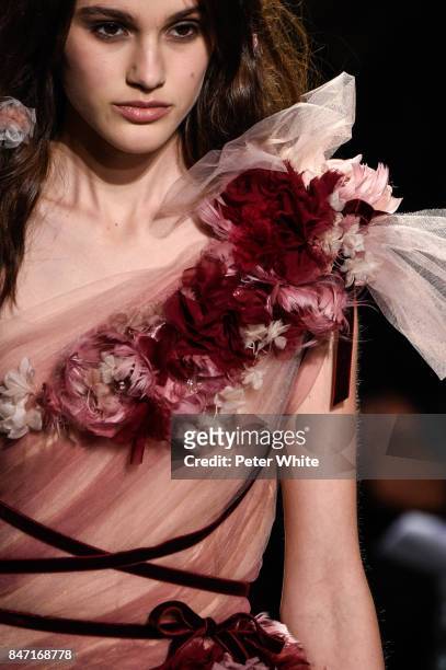 Model, fashion detail, walks the runway at Marchesa Spring 2018 during New York Fashion Week at Gallery 1, Skylight Clarkson Sq on September 13, 2017...