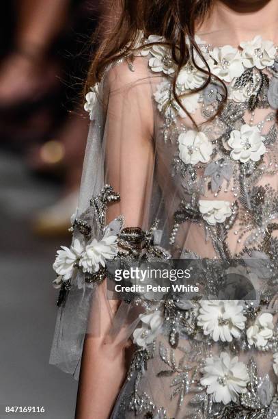 Model, fashion detail, walks the runway at Marchesa Spring 2018 during New York Fashion Week at Gallery 1, Skylight Clarkson Sq on September 13, 2017...