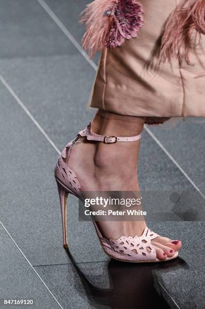 Model, shoe detail, walks the runway at Marchesa Spring 2018 during New York Fashion Week at Gallery 1, Skylight Clarkson Sq on September 13, 2017 in...