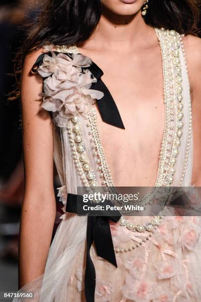 Model, fashion detail, walks the runway at Marchesa Spring 2018 during New York Fashion Week at Gallery 1, Skylight Clarkson Sq on September 13, 2017...