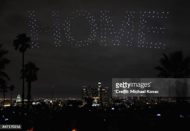 Intel Shooting Star Drones perform during the Warner Bros. Home Entertainment and Intel presentation of "Wonder Woman in the Sky" at Dodger Stadium...