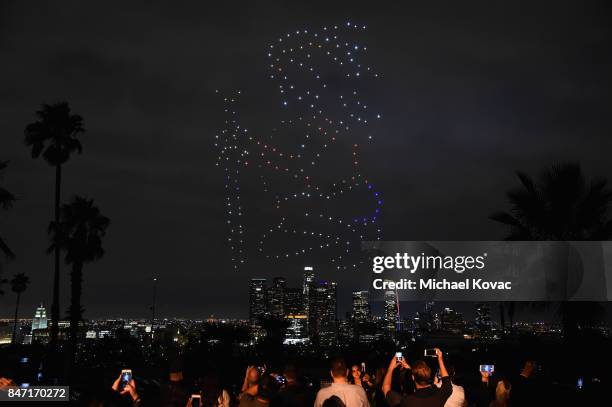 Intel Shooting Star Drones perform during the Warner Bros. Home Entertainment and Intel presentation of "Wonder Woman in the Sky" at Dodger Stadium...