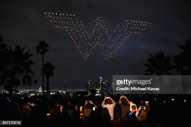 Intel Shooting Star Drones perform during the Warner Bros. Home Entertainment and Intel presentation of "Wonder Woman in the Sky" at Dodger Stadium...