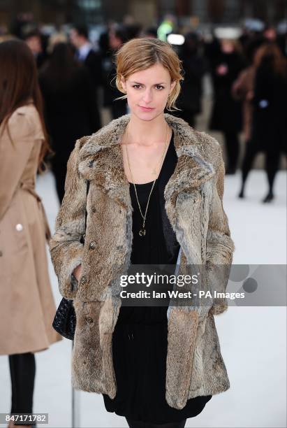 Jaquetta Wheeler arriving for the Burberry Prorsum show at Kensington Gore, London.