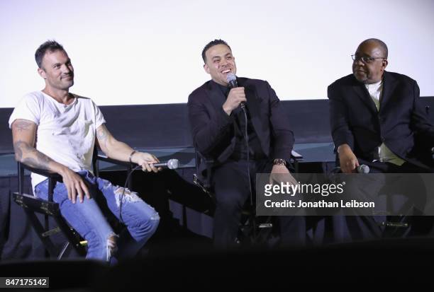 Brian Austin Green, Ryan Egypt and Barry Shabaka Henley speak during the Q & A at the Chasing Titles Vol. Premiere on September 14, 2017 in Los...