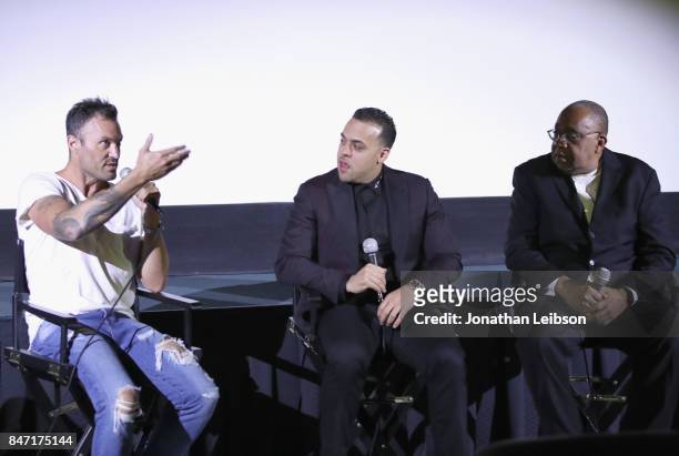 Brian Austin Green, Ryan Egypt and Barry Shabaka Henley speak during the Q & A at the Chasing Titles Vol. Premiere on September 14, 2017 in Los...