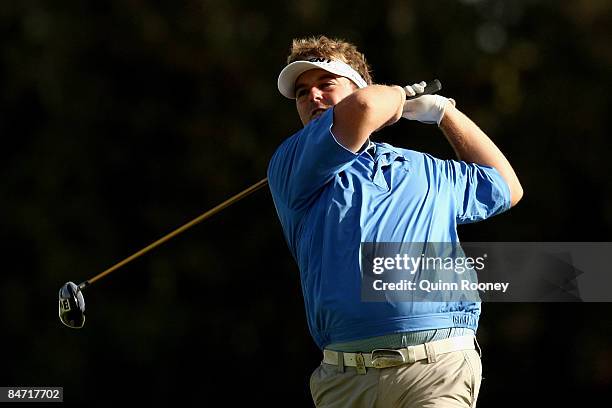 Timothy Wood of Australia tees off on the seventh hole during the Australasia International Final Qualifying for The 2009 Open Championship at...