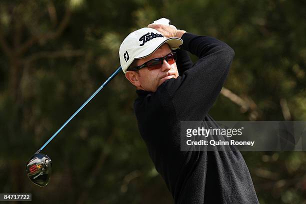 Michael Wright of Australia tees off on the fifteenth hole during the Australasia International Final Qualifying for The 2009 Open Championship at...