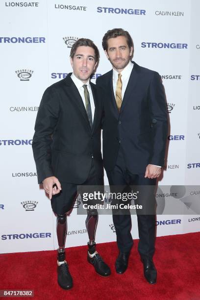 Jeff Bauman and Jake Gyllenhaal attend the New York premiere of "Stronger" at Walter Reade Theater on September 14, 2017 in New York City.
