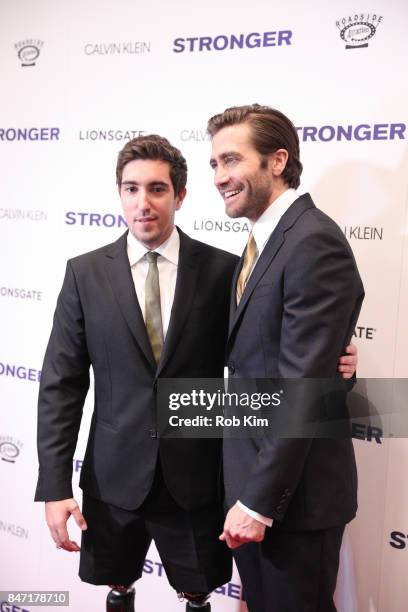 Jeff Bauman and Jake Gyllenhaal attend the premiere of "Stronger" at Walter Reade Theater on September 14, 2017 in New York City.