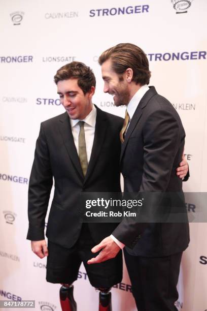 Jeff Bauman and Jake Gyllenhaal attend the premiere of "Stronger" at Walter Reade Theater on September 14, 2017 in New York City.