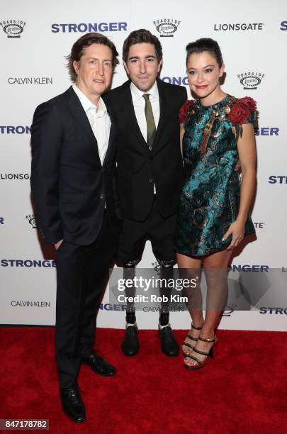 David Gordon Green, Jeff Bauman and Tatiana Maslany attend the premiere of "Stronger" at Walter Reade Theater on September 14, 2017 in New York City.