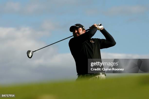 Steven Bowditch of Australia tees off on the seventh hole during the Australasia International Final Qualifying for The 2009 Open Championship at...