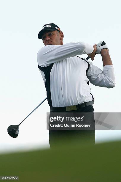 Peter Fowler of Australia tees off on the seventh hole during the Australasia International Final Qualifying for The 2009 Open Championship at...