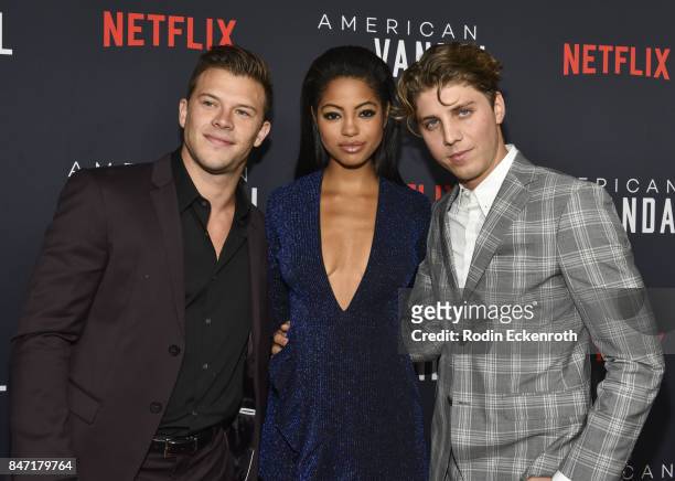 Actors Jimmy Tatro, Camille Hyde, and Lukas Gage attend the premiere of Netflix's "American Vandal" at ArcLight Hollywood on September 14, 2017 in...