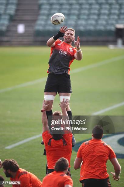 Kieran Read of the All Blacks takes the ball in the lineout during a New Zealand All Blacks Captain's Run at QBE Stadium on September 15, 2017 in...