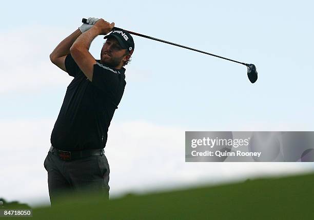 Adam Bland of Australia tees off on the seventh hole during the Australasia International Final Qualifying for The 2009 Open Championship at Kingston...
