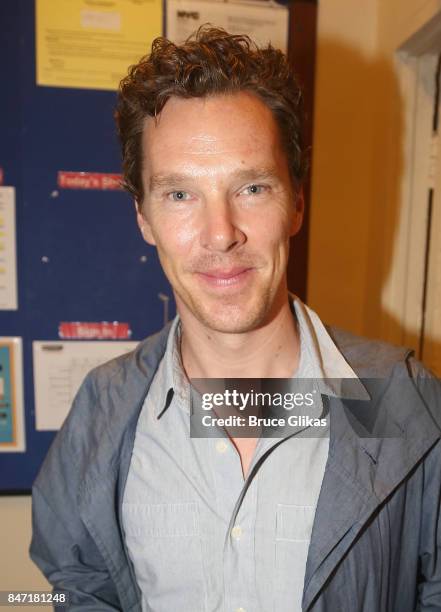 Benedict Cumberbatch poses backstage at the hit play "Michael Moore: The Terms of My Surrender" on Broadway at The Belasco Theatre on September 14,...