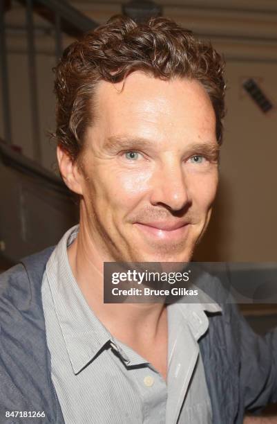 Benedict Cumberbatch poses backstage at the hit play "Michael Moore: The Terms of My Surrender" on Broadway at The Belasco Theatre on September 14,...