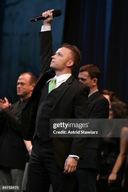 Actor Marty Thomas performs "Defying Gravity" during the 2009 Broadway Backwards at the American Airlines Theatre on February 9, 2009 in New York...
