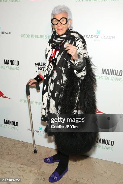 Iris Apfel attends the premiere of 'Manolo: The Boy Who Made Shoes for Lizards', hosted by Manolo Blahnik with The Cinema Society at The Frick...