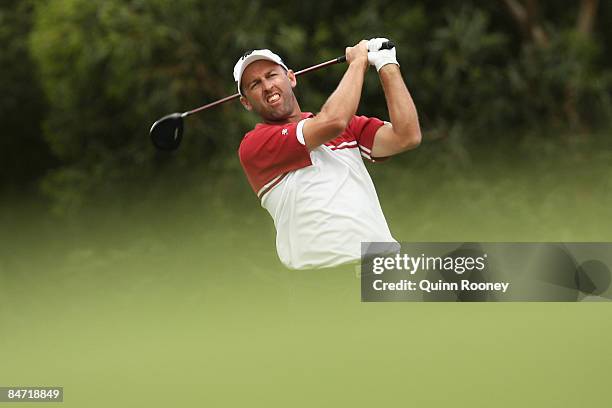 Cameron Percy of Australia tees off on the eleventh hole during the Australasia International Final Qualifying for The 2009 Open Championship at...
