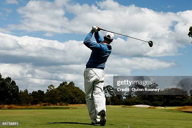 Brad Kennedy of Australia tees off on the eleventh hole during the Australasia International Final Qualifying for The 2009 Open Championship at...