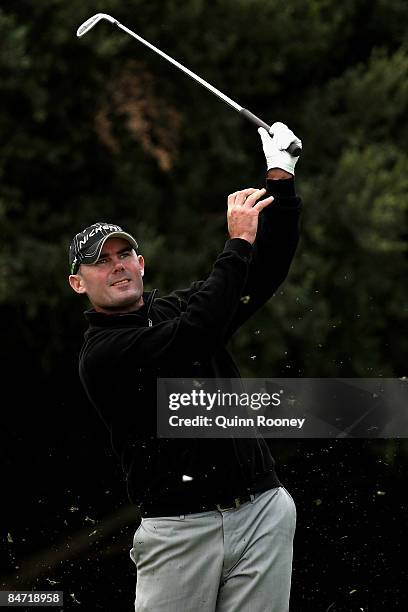 Michael Brennan of Australia loses his grip as he tees off on the tenth hole during the Australasia International Final Qualifying for The 2009 Open...