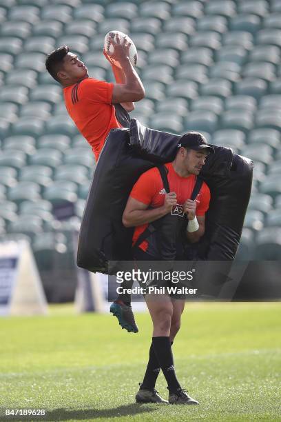 Reiko Ioane of the All Blacks gets under the high ball during a New Zealand All Blacks Captain's Run at QBE Stadium on September 15, 2017 in...