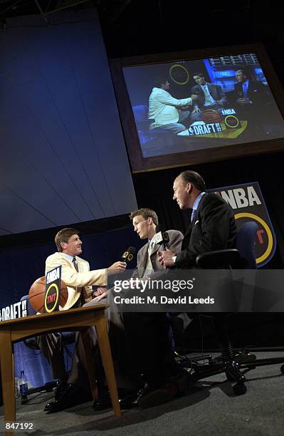 Mike Dunleavy Jr. And Mike Dunleavy Sr. Are interviewed by Craig Sager of NBA on TNT prior to being selected in the 2002 NBA Draft at The Theater at...