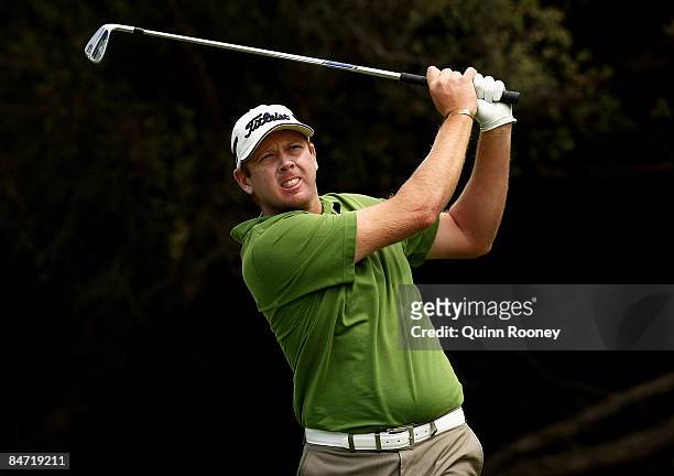 Steven Jeffress of Australia tees off on the tenth hole during the Australasia International Final Qualifying for The 2009 Open Championship at...