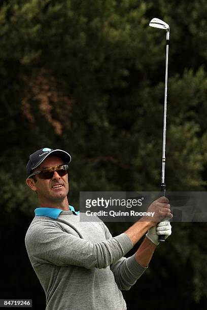 Anthony Summers of Australia tees off on the tenth hole during the Australasia International Final Qualifying for The 2009 Open Championship at...