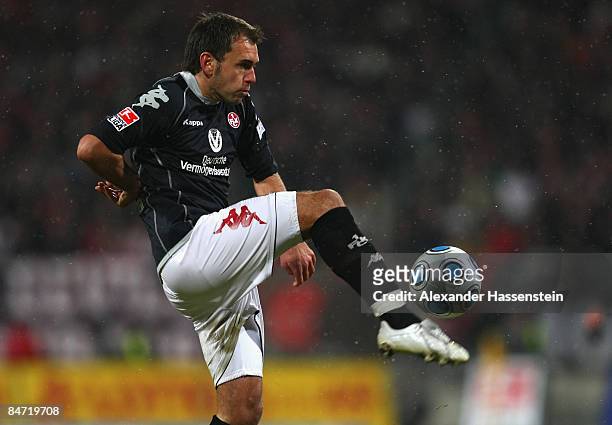 Anel Dzaka of Kaiserslautern plays the ball during the Second Bundesliga match between 1. FC Nuernberg and 1. FC Kaiserslautern at the easyCredit...