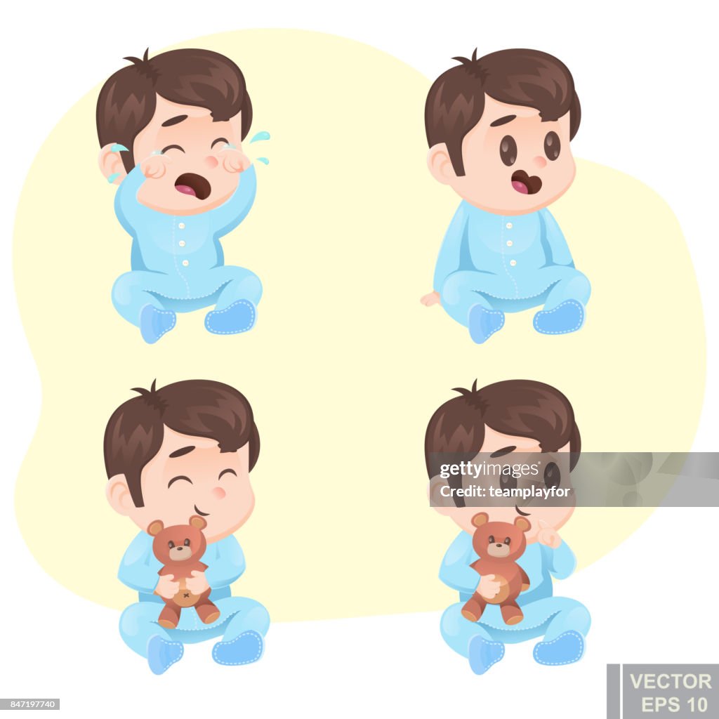 Vector Ilustración De Dibujos Animados Lindo Bebé En Pijamas Con Osito  Triste Calma Llanto Risa Infantil Niño Feliz Curioso Ilustración de stock -  Getty Images