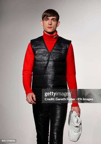 Model on the catwalk during the J.W. Anderson Men London Fashion Week show at St Martins College of Art and Design, London.