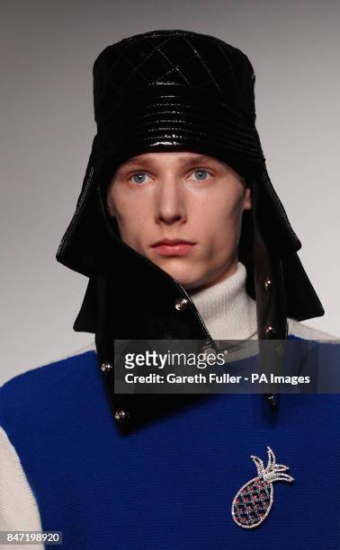 Model on the catwalk during the J.W. Anderson Men London Fashion Week show at St Martins College of Art and Design, London.