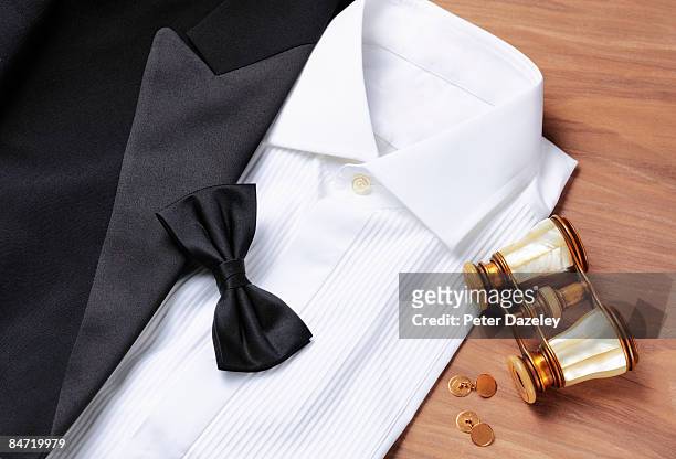 dinner jacket, shirt, black tie with opera glasses - dinner jacket stock pictures, royalty-free photos & images